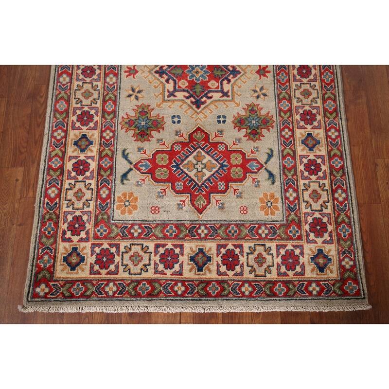 Geometric Kazak Accent Rug Hand-Knotted Foyer Wool Carpet - 3'3" x 5'2"