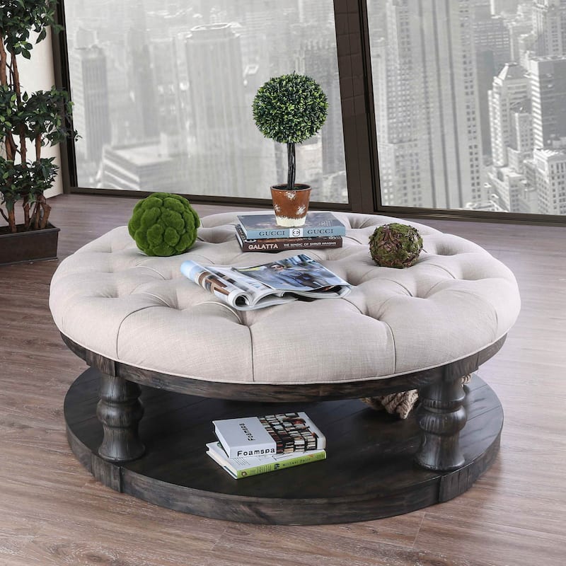 Bae Rustic 48-inch Fabric Tufted 1-Shelf Round Coffee Table by Furniture of America - Antique Grey