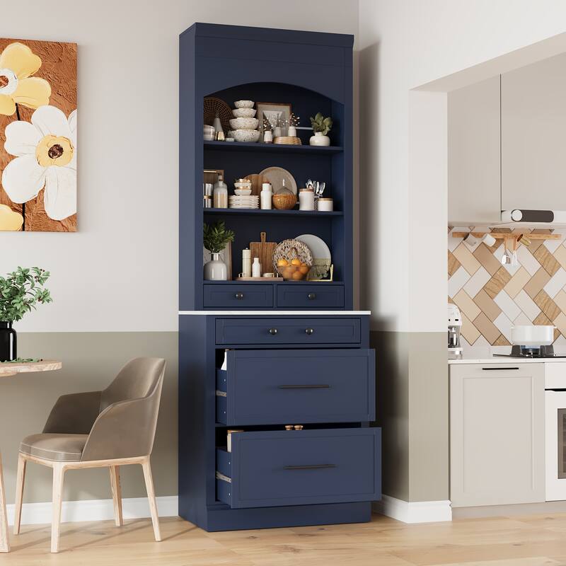 Modern 83.7inch High Kitchen Pantry, Freestanding Tall Kitchen Hutch with Faux Marble Top, Display Cupboard Cabinet - Blue