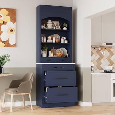 Modern 83.7inch High Kitchen Pantry, Freestanding Tall Kitchen Hutch with Faux Marble Top, Display Cupboard Cabinet