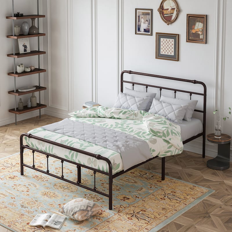 Queen Size Metal Platform Bed Frame with Victorian Style Wrought Iron
