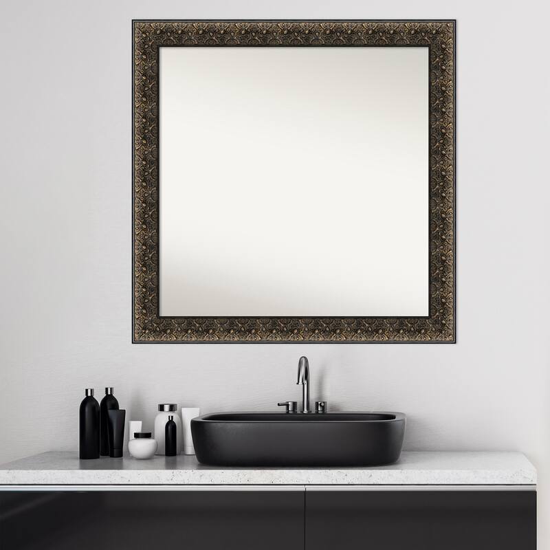 Non-Beveled Wood Bathroom Wall Mirror - Intaglio Embossed Black Frame