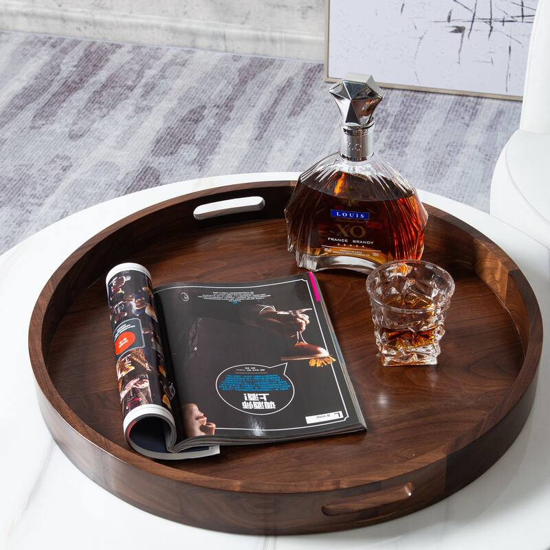 KINWELL Round Black Walnut Wood Serving Tray Ottoman Tray with Handles