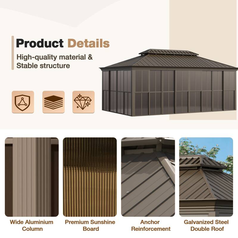 Hardtop Gazebo with Double Steel Roof, Sliding/Lockable Doors & Screens - All-Season Rustproof Aluminum Frame，Advanced Drainage