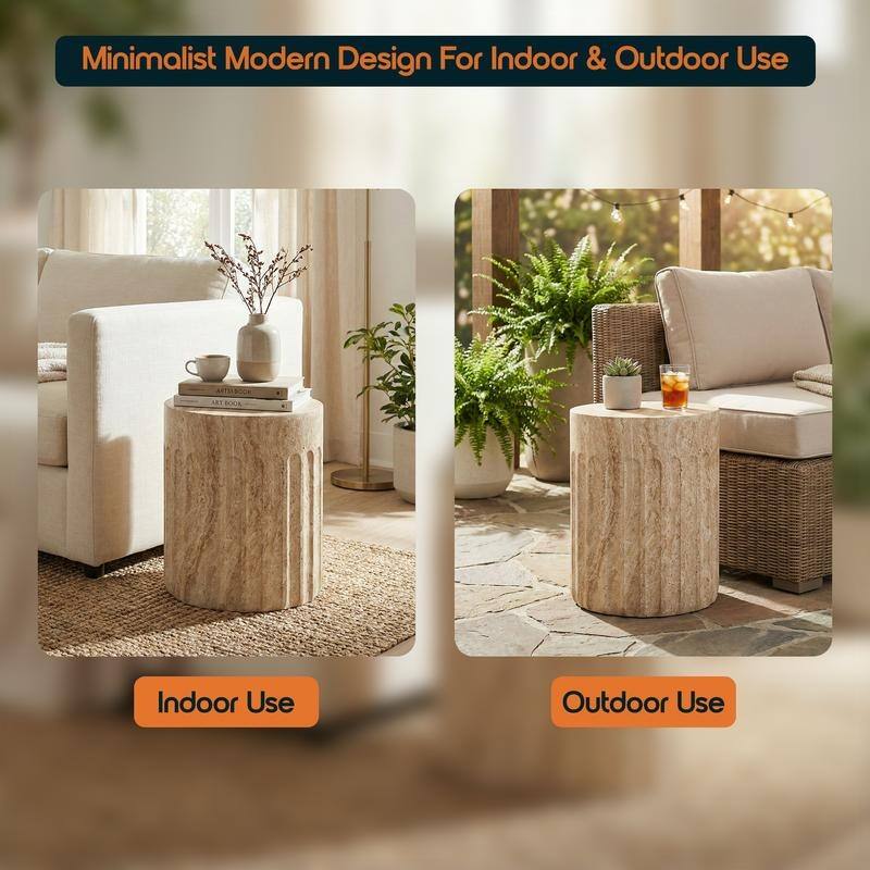 Zenvio Modern Cylindical Marble Side Table with Accent Painted Finish and Vertical Grooves for Living Room, Bedroom or Patio