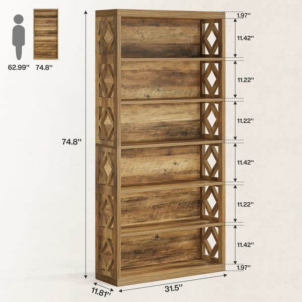 7-Tier Brown Wood Bookshelf, Floor Standing Open Display Storage ...