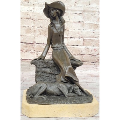 Fashionable Woman With Large Hat And Imitative Dog - Bronze Metal Art Deco Sculpture By Milo