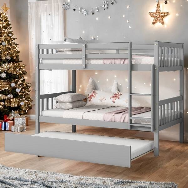 slide 2 of 19, Twin Over Twin Rubber Wood Bunk Bed with Trundle, Convertible into 2 Twin Size Beds-Grey Grey