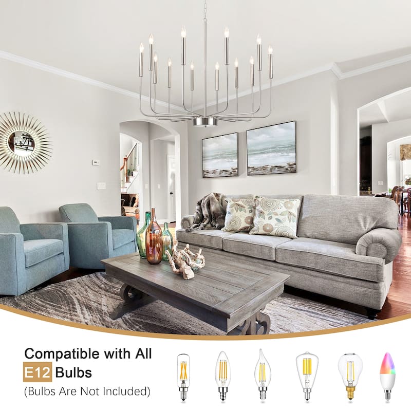 12-Light Rustic Candle Chandelier for Dining Room Living Room - W32.08" x H70.07" - N/A