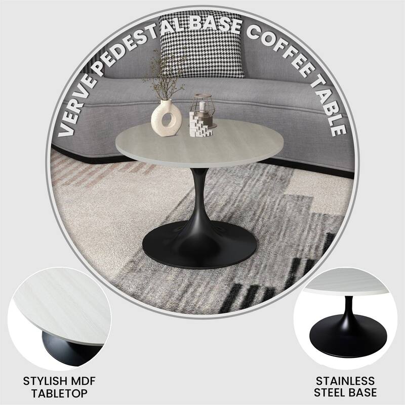 LeisureMod Verve 27" Round Coffee Table with MDF Wood TableTop and Black Steel Base for Living & Bedroom