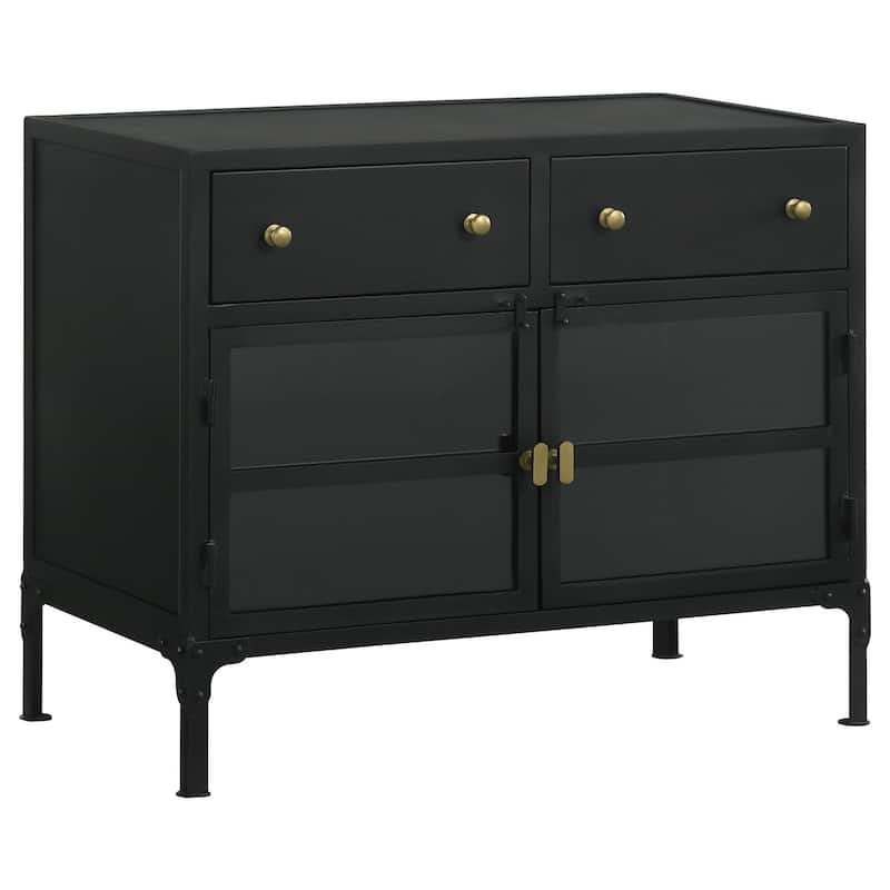 2-Drawer Metal Accent Storage Cabinet Matte Black - Industrial Tall Organizer with Adjustable Shelves and Glass