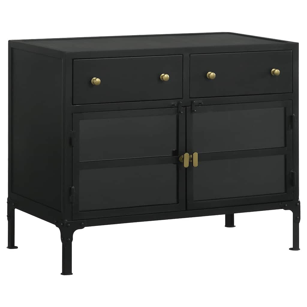 2-Drawer Metal Accent Storage Cabinet Matte Black - Industrial Tall Organizer with Adjustable Shelves and Glass