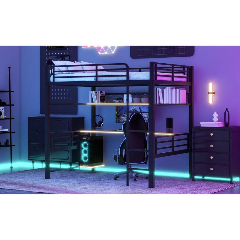 Full Size Metal Loft Bed with Storage Shelf, LED Light, and Built-in Desk