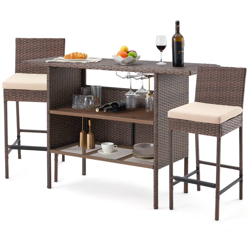AVAWING 3PCS Patio Bar Set Outdoor Rattan Bar Set with Removable Cushion