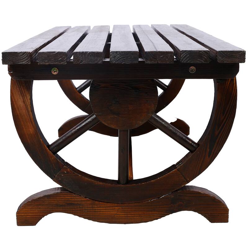 Rustic Wooden Bench with Wagon Wheels, 2-Seater Garden Patio Furniture
