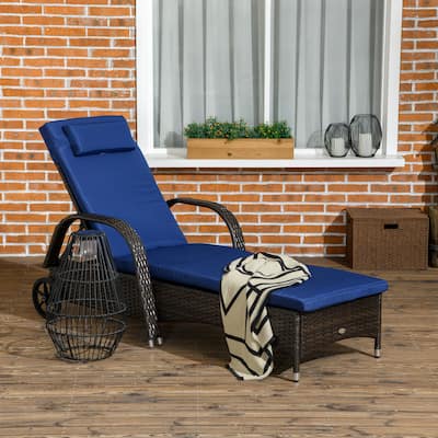 Outdoor Rattan Chaise Lounge Chair with Wheels, Cushions, Headrest and Adjustable Backrest for Poolside Patio