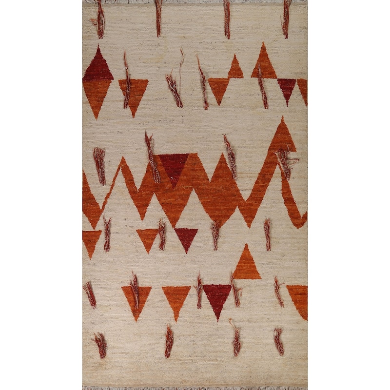 Hand Knotted Oriental 100% Wool Carpet Modern Tribal Beige & Ivories Moroccan Area Rug - 9' 11'' X 6' 10''