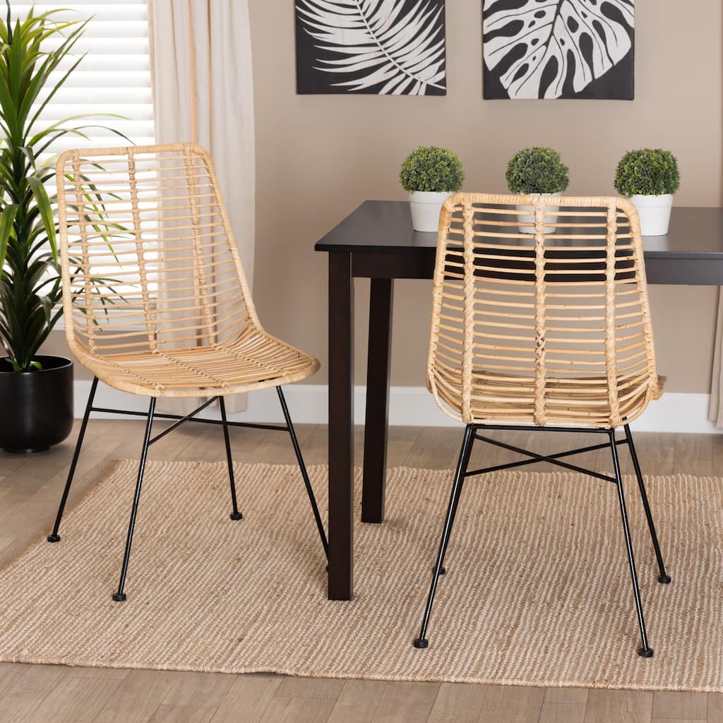 Manhattan Modern Bohemian Natural Brown Rattan and Black Metal 2-Piece Dining Chair Set