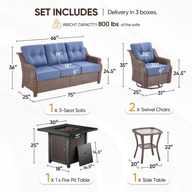5-Piece Sofa Swivel Chairs with 30" Firepit Table