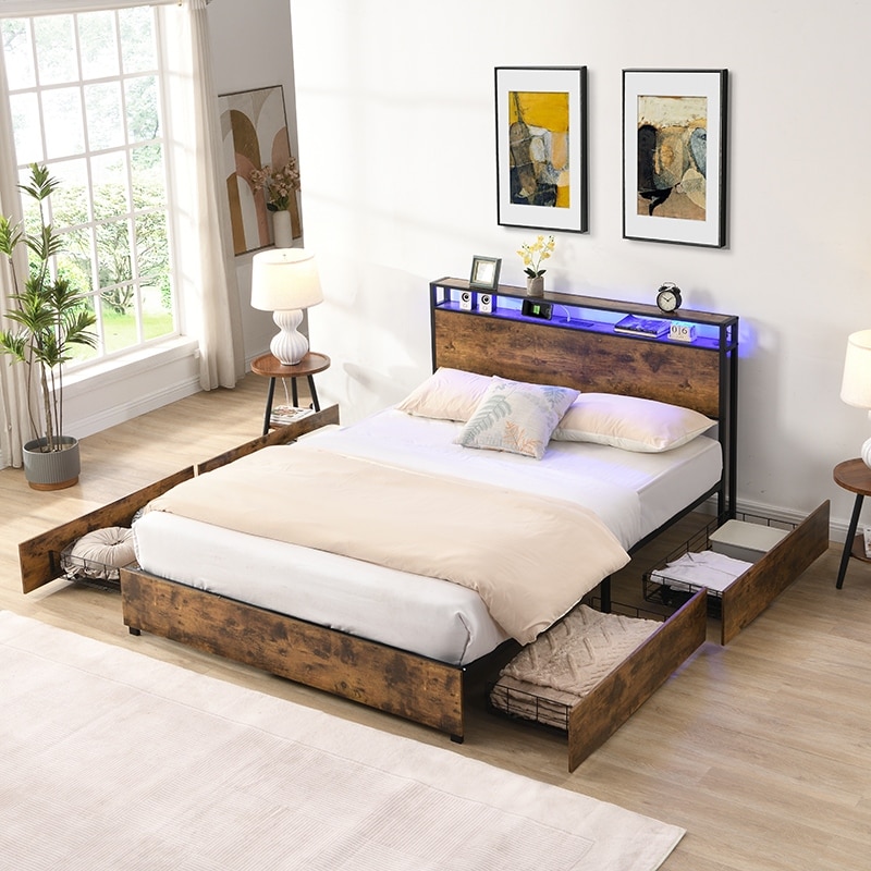 Full Size Metal Storage Bed with Storage Headboard, Charging Station, and LED Lights