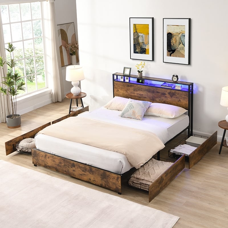 Queen Storage Bed Frame with Charging Station, LED Lights & Noise-Free Design, Easy Assembly - Black+Brown
