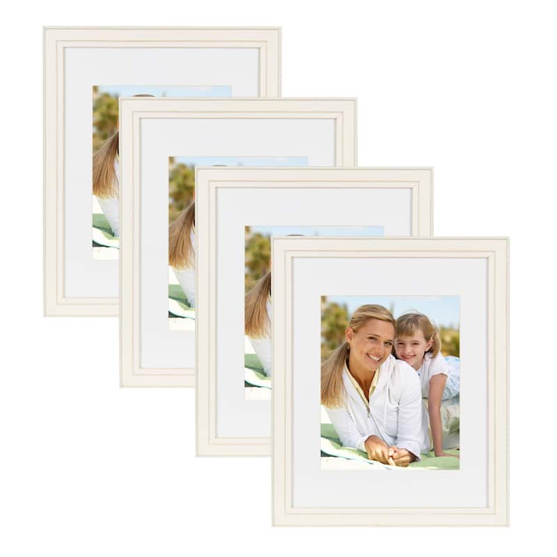 DesignOvation Kieva 11x14 matted to 8x10 Wood Picture Frame, Set of 4 - 11x14 matted to 8x10 - Dsitressed White