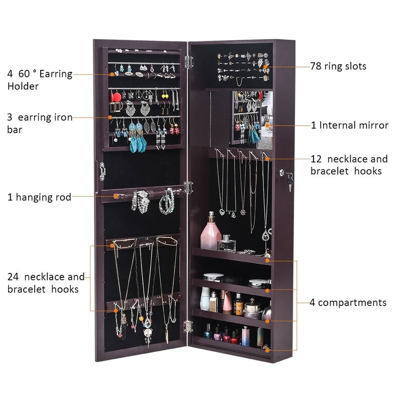 Full Mirror Wall Mounted Brown Jewelry Armoires Cabinet
