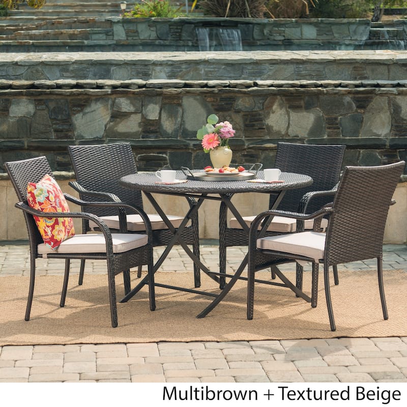 Lula Outdoor 5-Piece Round Foldable Wicker Dining Set with Umbrella Hole & Cushions by Christopher Knight Home - Brown