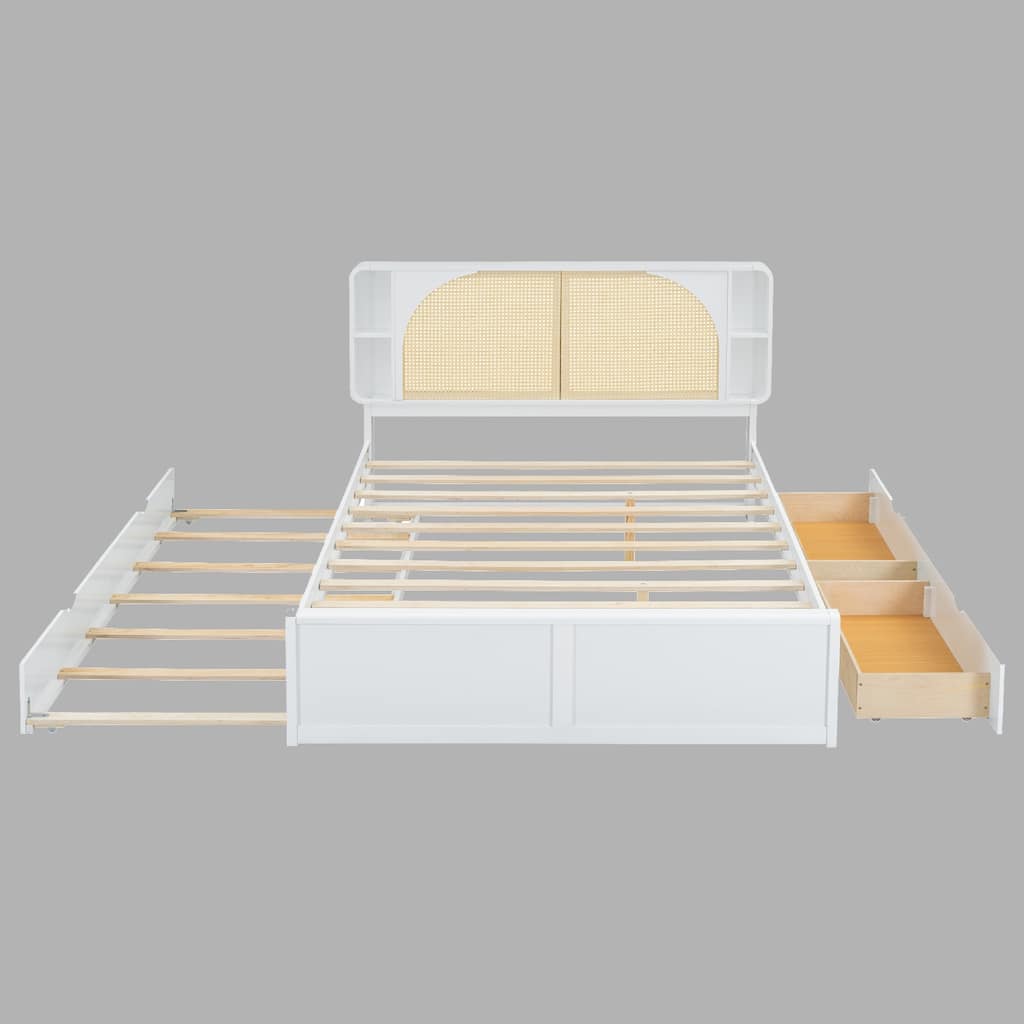 Elegant Queen Rattan Headboard Bed with 2 Drawers, Trundle, and 4 Storage Compartments