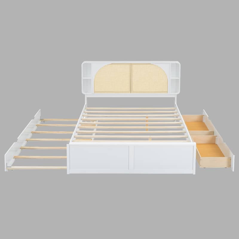 Elegant Queen Rattan Headboard Bed with 2 Drawers, Trundle, and 4 Storage Compartments