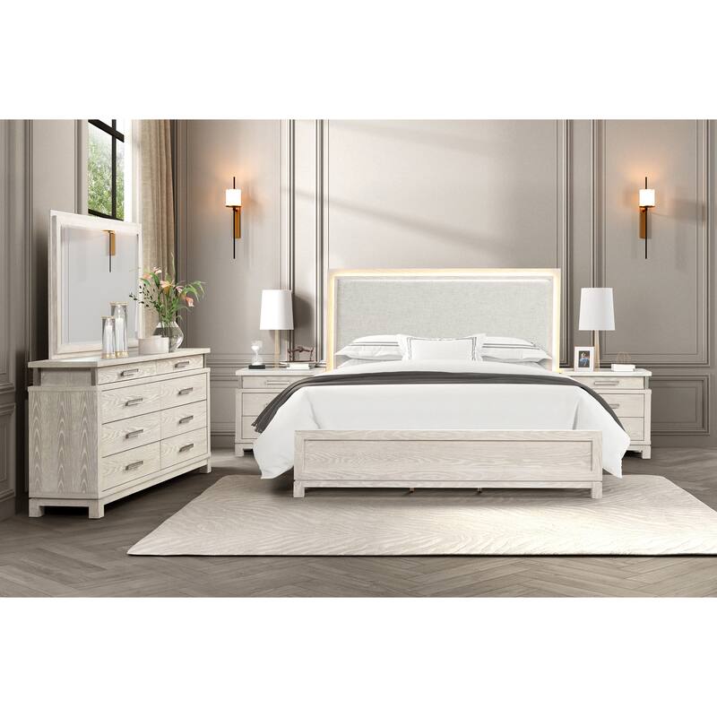Furniture of America Nansice 5-Piece Weathered Grey Wood Panel Bedroom Set with LED Headboard - Queen