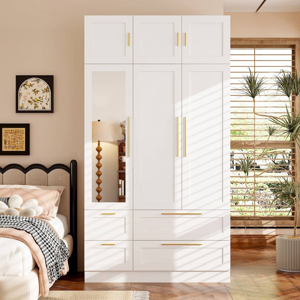 Modern White Wardrobe Closet with Mirror - Multi-Functional Bedroom Storage Cabinet