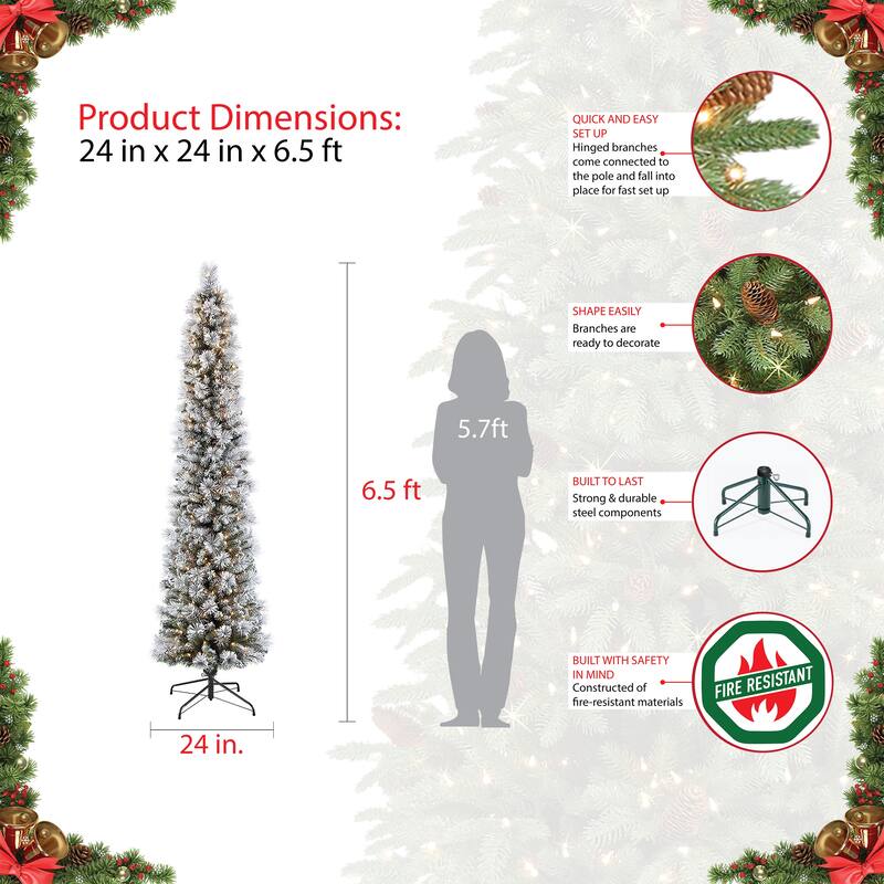 Puleo International 6.5' Pre-Lit Flocked Portland Pine Pencil Artificial Christmas Tree