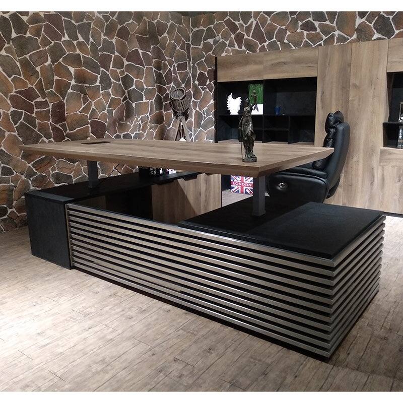 L-Shaped Executive Desk Adjustable Height with Universal Charging Ports Drawers and Cable Management