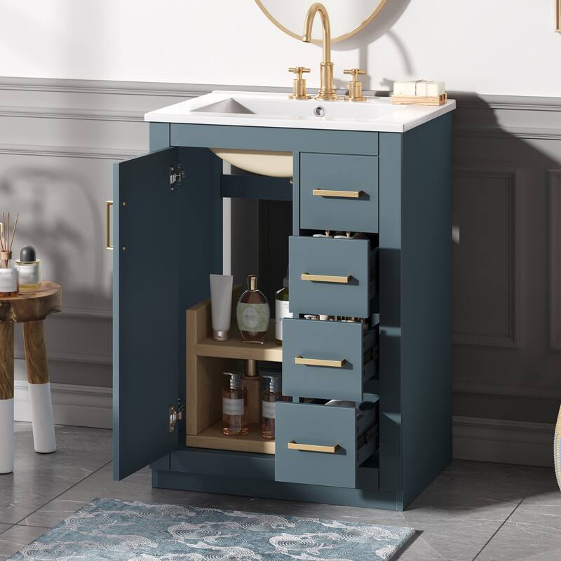 24" Bathroom Vanity with Integrated Ceramic Sink, Bathroom Cabinet with 1 Door, 3 Drawers, Single Sink Bathroom Vanity