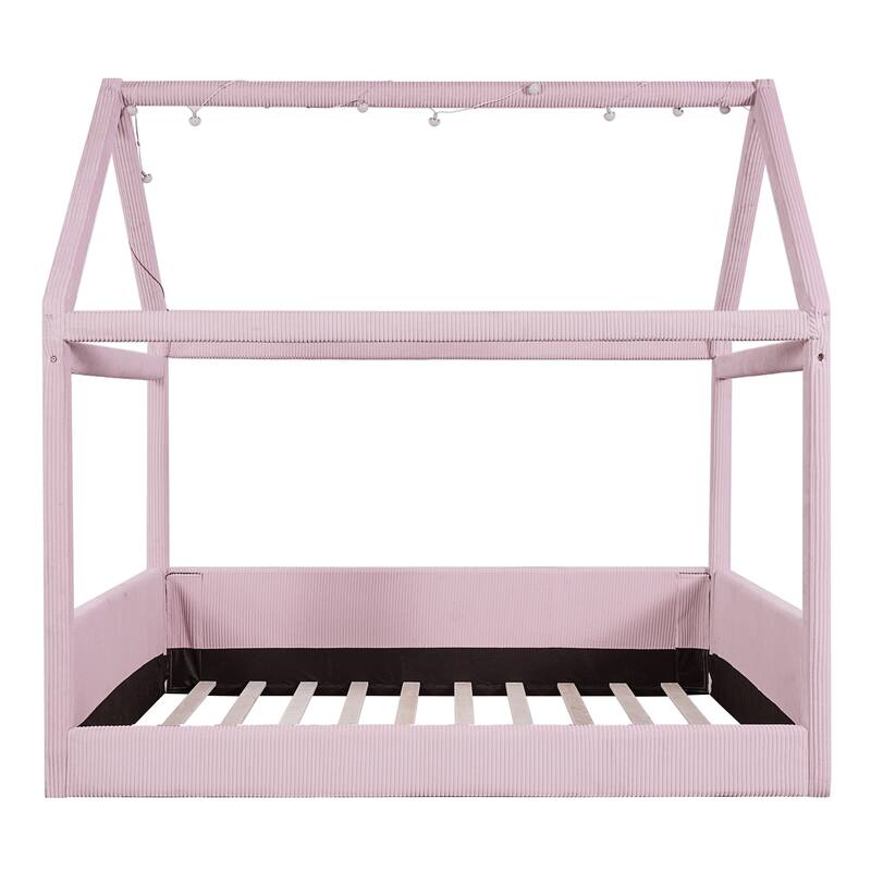 Full Size Upholstered Bed Frame Floor Daybed House Bed with House Roof LED Light Strips and Wood Slat Support for Childrens Room