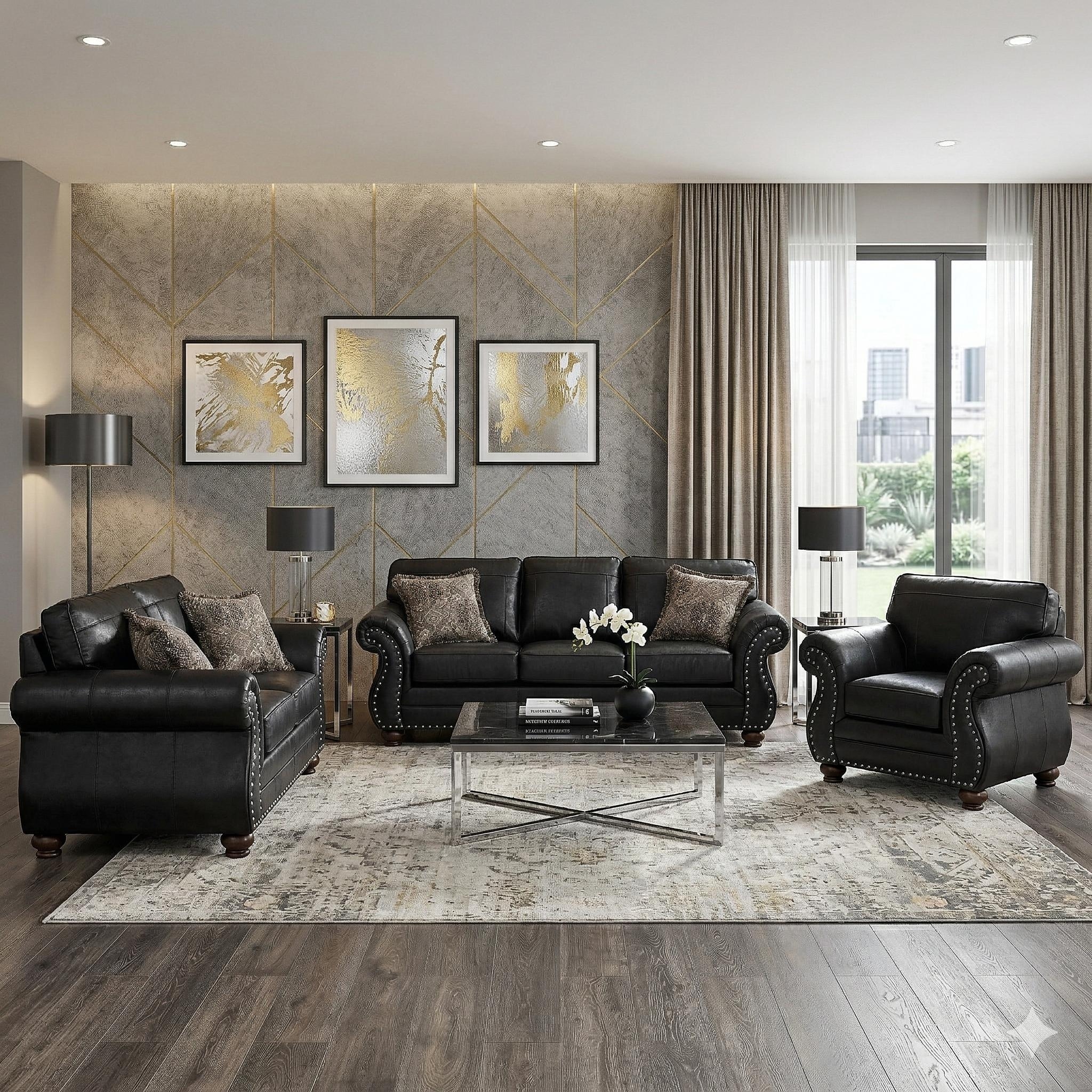 Roundhill Furniture Leinster 3-Piece Living Room Set, Sofa Loveseat and Chair, Black