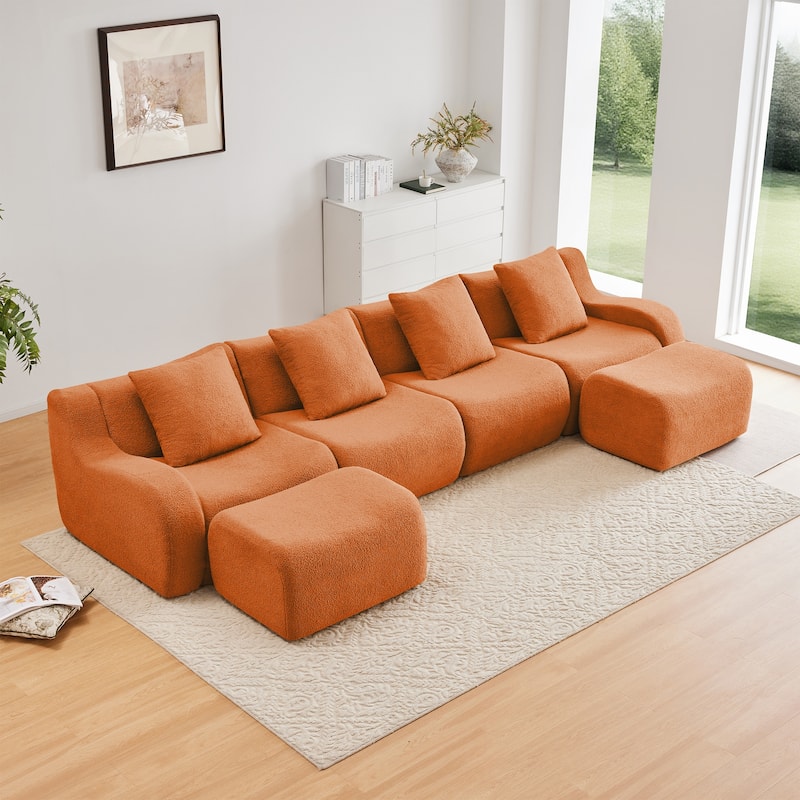 118" Modern U Shaped Modular Sectional Sofa, Boneless Couches for Living Room with Ottoman, 4 Seater Teddy Fabric Couch Sofa Set