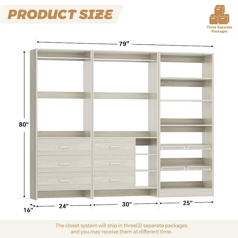 Set of 3 Closet System with Drawers and Shoe Rack, Freestanding Closet Organizer with Hanging Rods and Tower Shelves