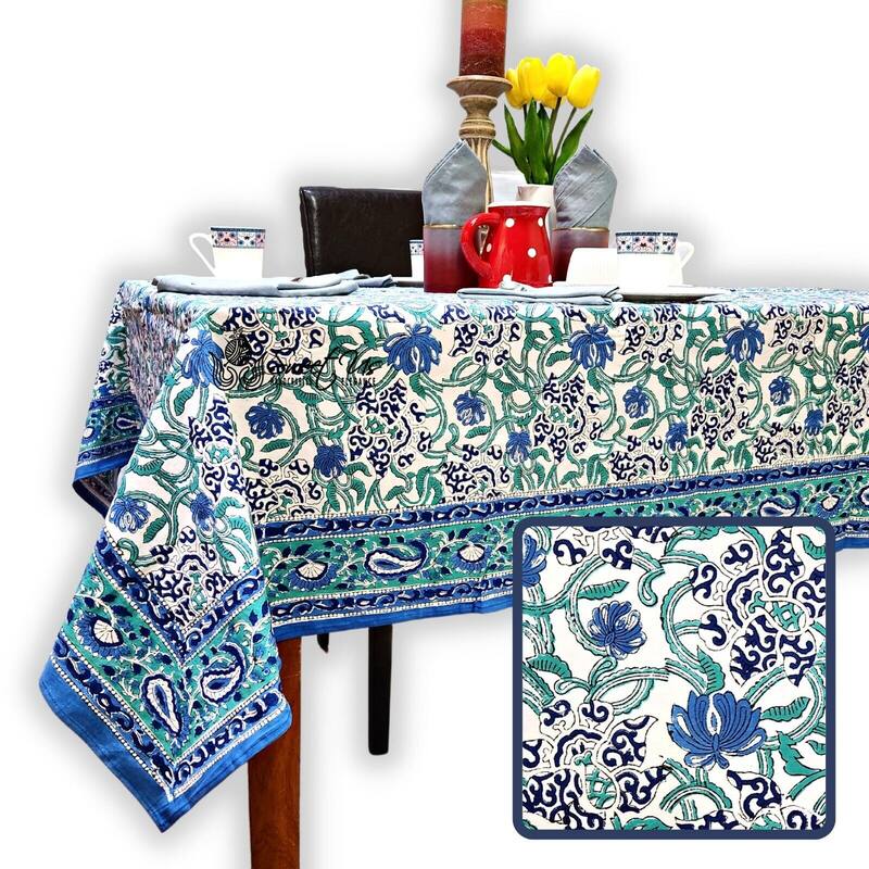 Block Print Cotton Verdant Floral Paisley Tablecloth Collection