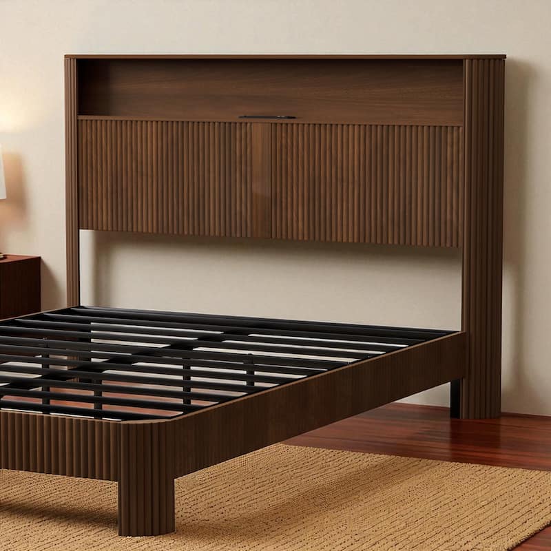 Full XL/Queen Bed Frame with Storage Headboard, USB Charging Station, Noise-Free Metal Platform with Curved Design