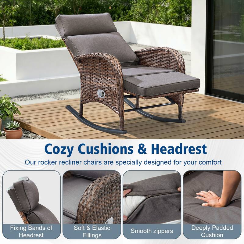 Pocassy Patio Wicker Recliner Rocker Chair with Adjustable Backrest