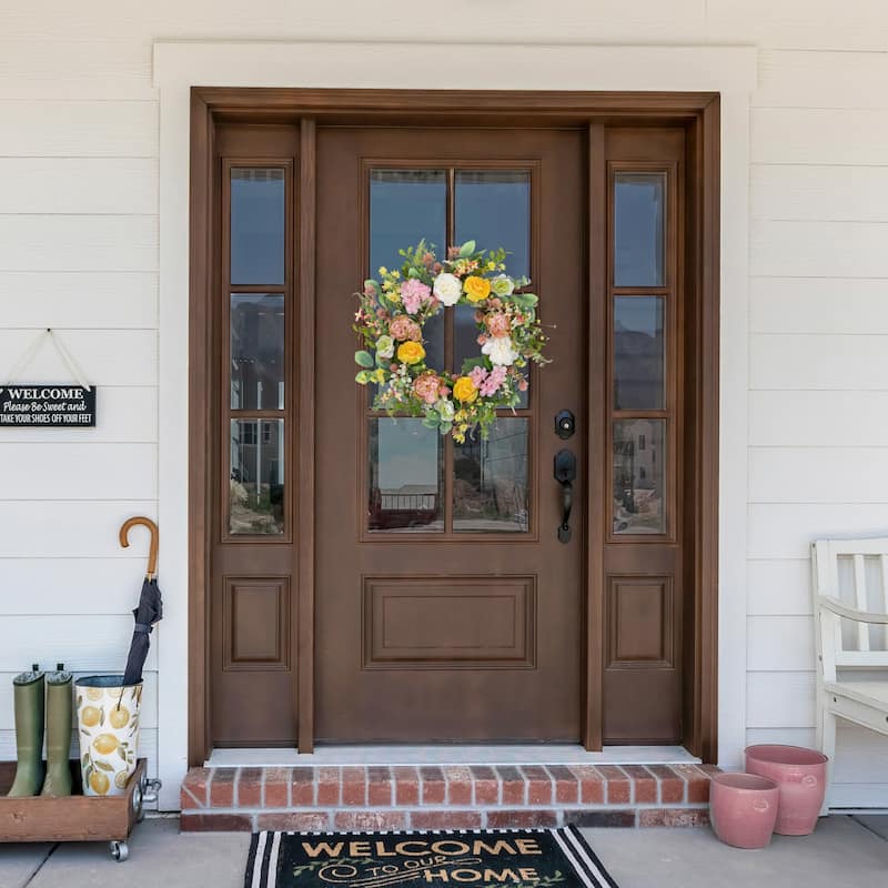 Rose and Hydrangea Floral Spring Wreath - 26" - Pink and Yellow