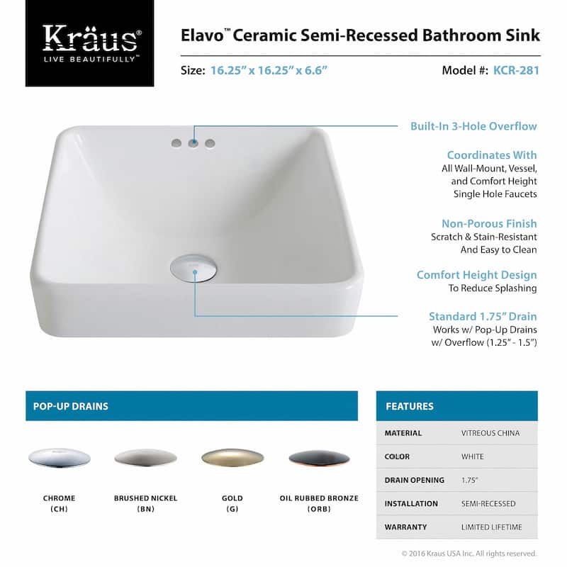 Kraus Elavo 16-1/4" Vitreous China Drop In Bathroom Sink with Overflow