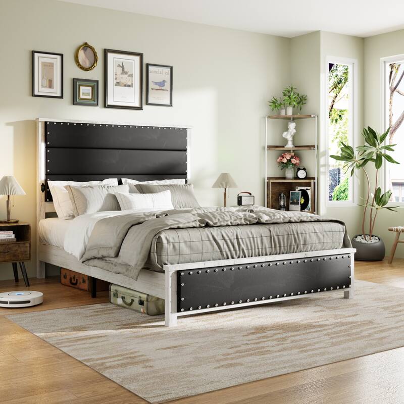Modern King/Queen Bed Frame with Faux Leather Headboard, LED Lights, Charging Station, and Wooden Slats - Easy Assembly - Grey - Queen