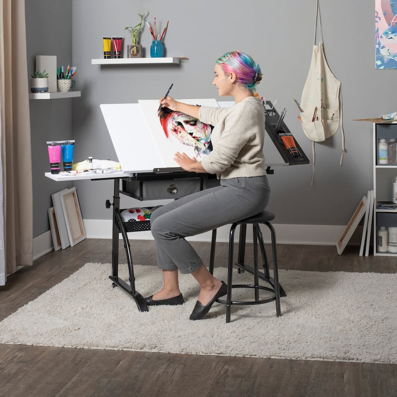 Core Craft Center, 2 piece Drawing, Drafting and Craft Table with Stool, Gunmetal-Gray/White