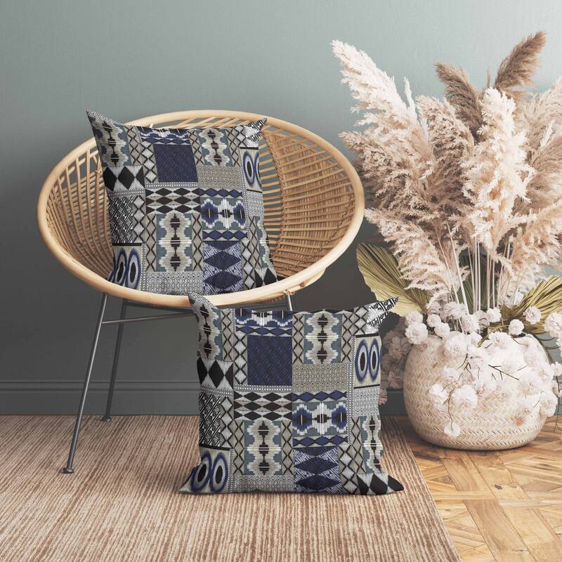 Patched Perfection Faux Suede Reversible Throw Pillow Grey and Blue