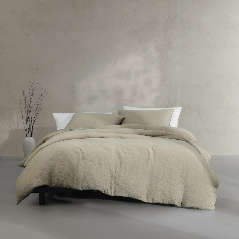 Calvin Klein Washed Texture Solid Cotton Duvet Cover Set - Green - Queen