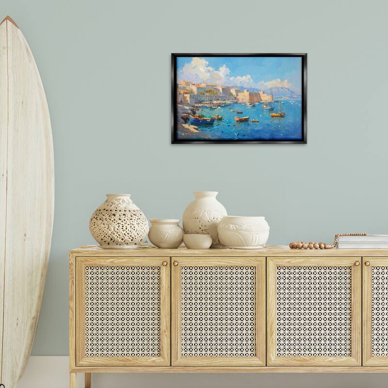 Stupell Nautical Harbor Coastal Town Framed Floater Canvas Wall Art Design By LSR Design Studio