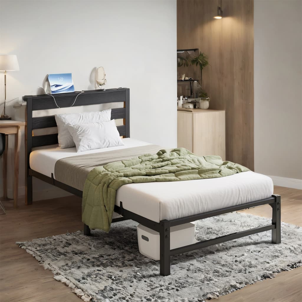 Twin Size LED Platform Bed with USB Charging Station and Steel Slats